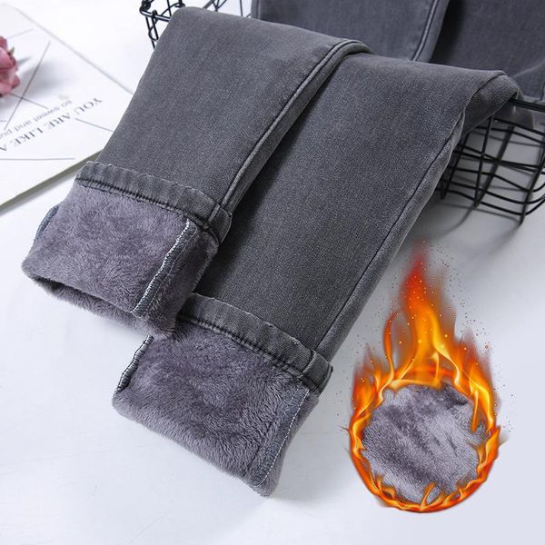

women's jeans warm fashion woman high waist girls velvet fleece winter oversize large denim ladies clothing, Blue