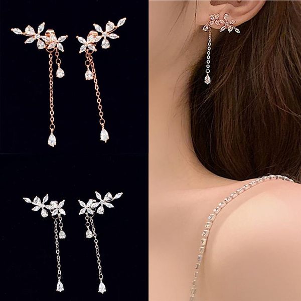 

stud luxury 925 sterling silver willow leaf earrings female fashion jewelry for women temperament long tassel pendientes, Golden;silver