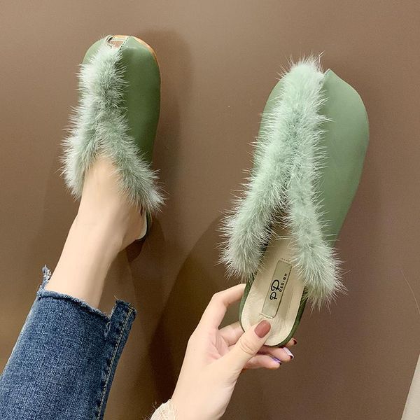 

slippers 2021 summer women's fur flat heels daily sweet shoes for woman college girls outdoor use non slip pu flip flops, Black
