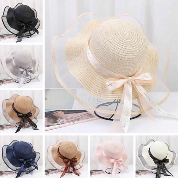 

wide brim hats girls summer cap bowkont black ribbon decorate wavy straw hat for children panama kids sun baby beach, Blue;gray