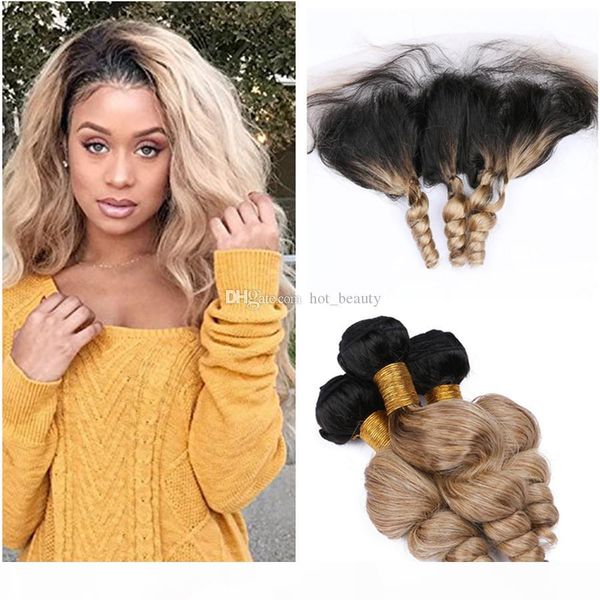 

ombre loose wave bundles with lace frontal honey blonde ombre brazilian hair 3 bundles deals 2 tone 1b 27 strawberry blonde human hair, Black