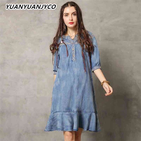 

women's knits & tees yuanyuanjyco spring autumn women knee length indie folk denim es lyq64 embroidery half sleeve a-line midi jea, White