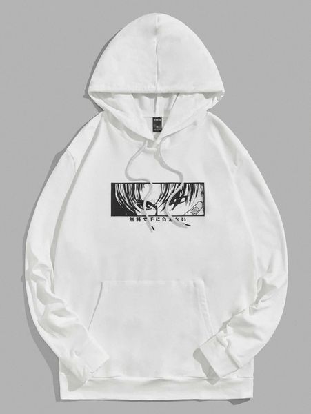 

men japanese letter & cartoon graphic kangaroo pocket sweatshirt v1uc#, Black