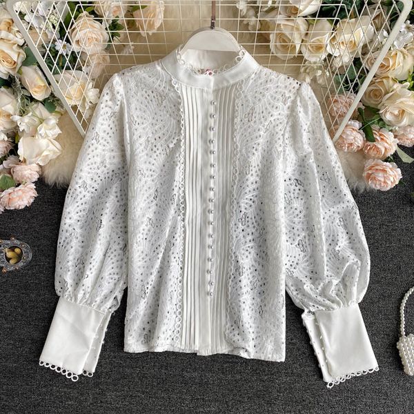 

2021 black/white hollow out shirts vintage stand collar lantern long sleeve single breasted casual blouse female fashion a10x, Blue
