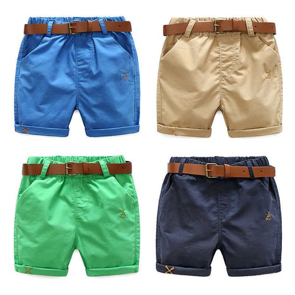 Verão 3-10 Anos Algodão Azul Azul Khaki Verde Cor Sólida Childring Running Sports Boy Shorts Crianças com cinto de couro 210529