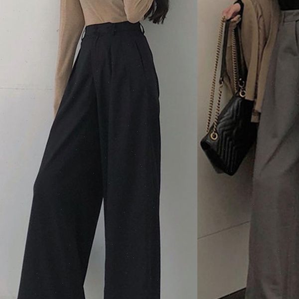 

fashion high waist pants trousers womens wide leg pants full length pants ladies casual straight pantalon femme 2020, Black;white