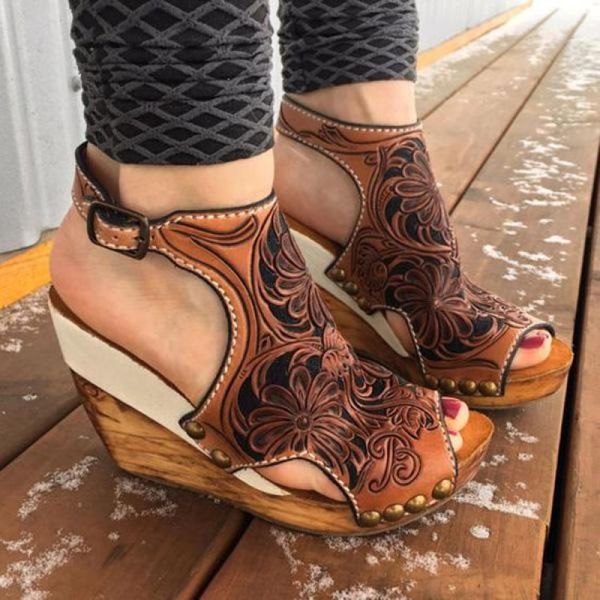 

dress shoes wedge sandals women 2021 summer retro floral print platform ladies open toe hollow high heels buckle straps, Black