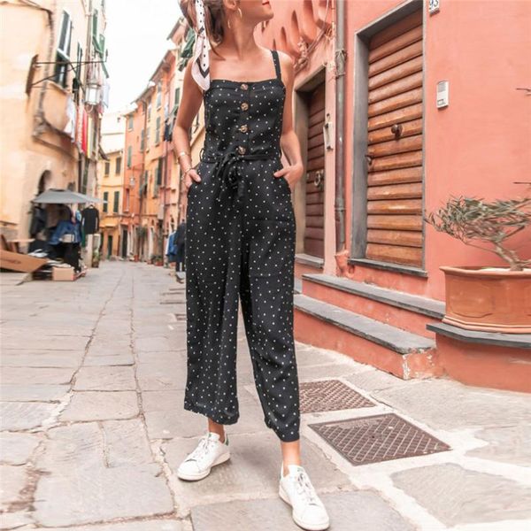 

women's jumpsuits & rompers fashion women summer 2021 pocket button wide leg pants lacing sleeveless wave point jumpsuit romper long tr, Black;white