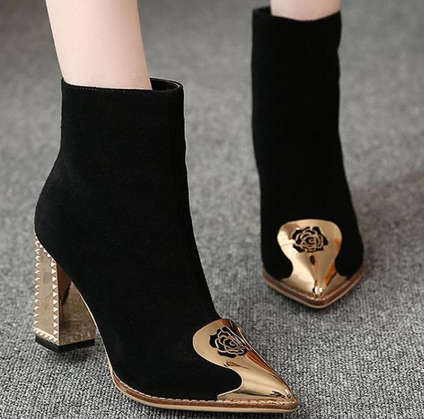 

boots autumn winter women's ankle metal pointed heels female chunky woman black