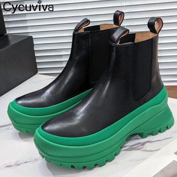 

boots thick sole black ankle for women real leather platform long runway flat knight winter casual shoes