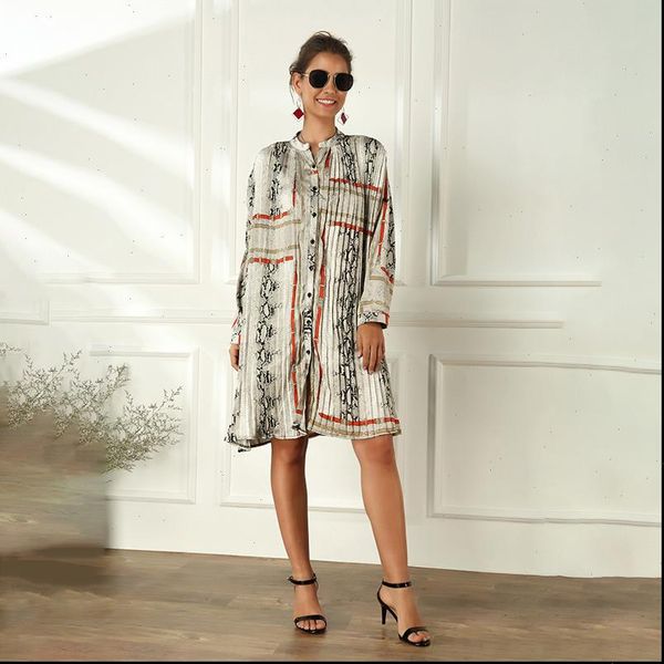 

ewq] 2021 spring summer stand collar long sleeve print single breasted adjustable waist casual shirt dress women 3aj06510xl, Black;gray