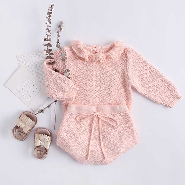 Abiti in maglia rosa autunno Abiti per bambini per bambini Completi per ragazze in maglione con volant Maglione a maniche lunghe + PP corto 2 pezzi Completi per bambini 210315