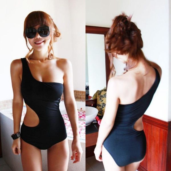 

2021 womens one shoulder one-piece suits swimsuit padded bodycon bikini mesh swim suit hollow solid black beachwear, White;black
