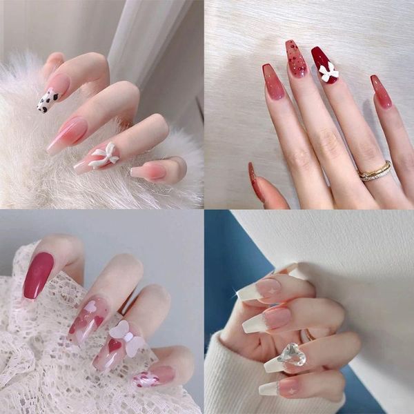 

false nails 24pcs/box women fashion nail tips full cover detachable manicure wearable fake coffin, Red;gold