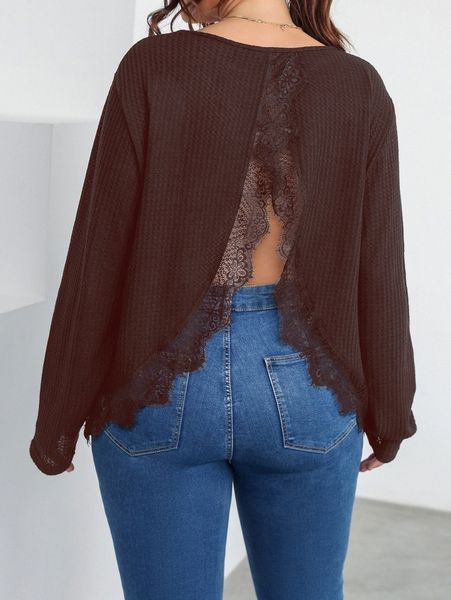 

plus lace trim slit back tee b0m6#, Black