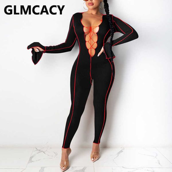 

women flare sleeve skinny jumpsuits lace up front bodycon overalls jumpsuit 210702, Black;white