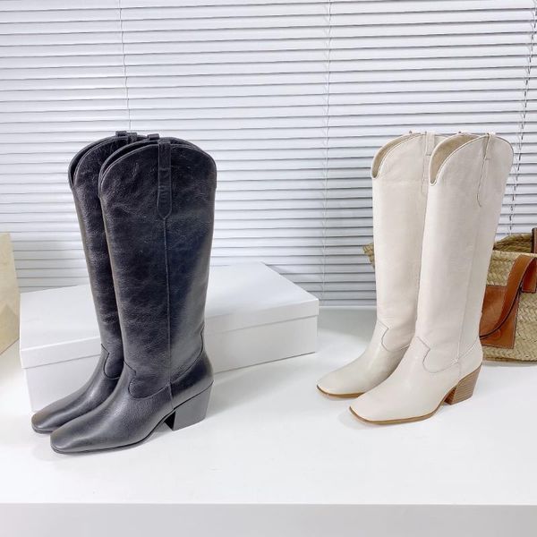 

boots women autumn winter high heels square toe solid knee-high slip on gesigner shoes genuine leather zapatos botines, Black