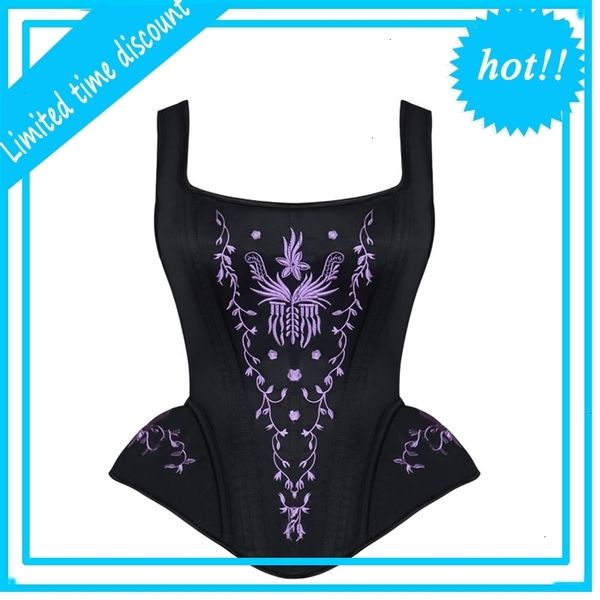 

women halterneck steel boned steampunk brocade embroidery overbust padded corset with straps control zipper waist training bustier, Black;white