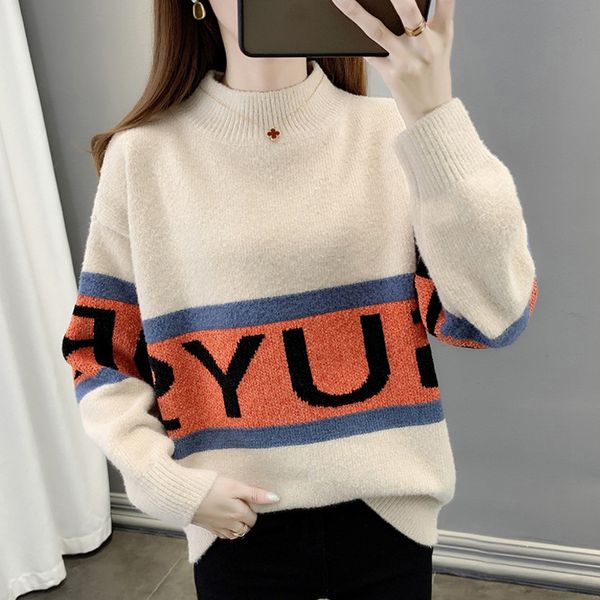 

new 2021 autumn solid casual women knit sweaters long sleeve ladies pullovers letter print half neck female jumpers outwear 5q0q, White;black