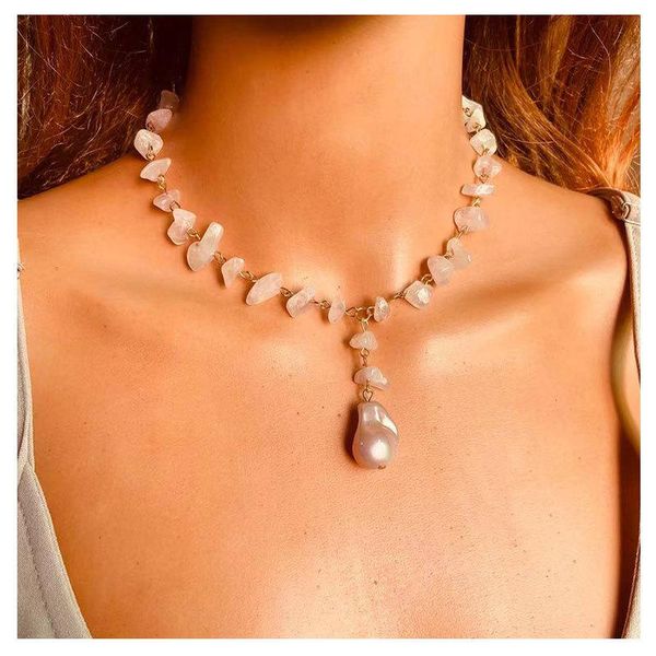 

irregular pearl pendant handmade necklace for women gold style party jewelry statement clavicle collar pink crystal chain choker, Golden;silver
