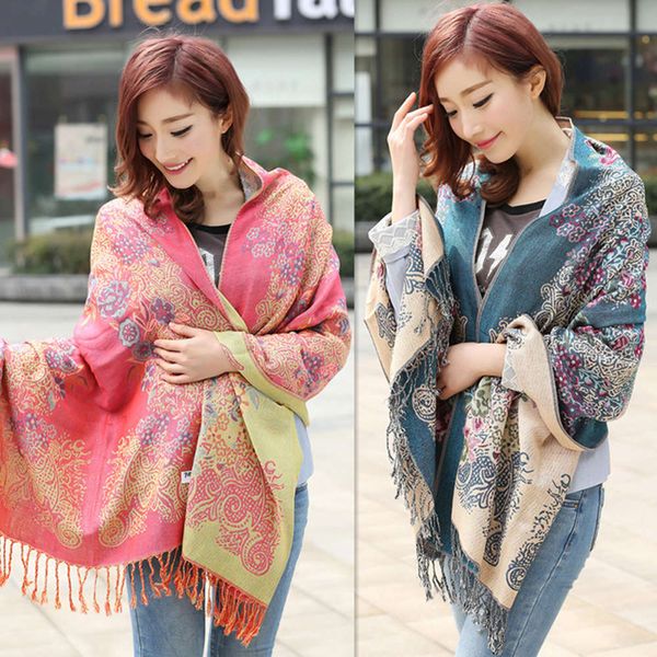 

yunnan spring autumn winter national style cotton and hemp scarf double sided long thickened lady's shawl, Blue;black