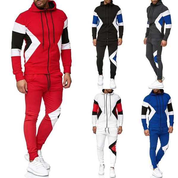 

men's tracksuits men sportswear set hoodies pants suit fashion leisure color patchwork sports fitness casual jacket and, Gray