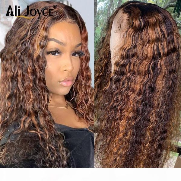 

ombre curly human hair wig pre plucked highlight lace front wig for women brazilian baby hair 4x4 lace closure ali joyce, Black;brown