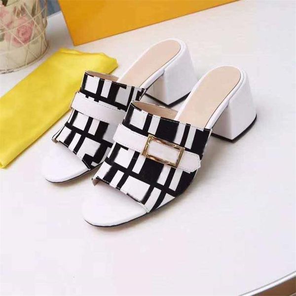 

fashion designer slippers ladies sandals slippers, metal buckle leather high heels non-slip wear-resistant 35-43 yard belt box, Black