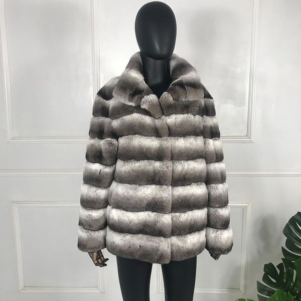 

women's fur & faux 2021 chinchilla coat jacket real outwear stand collar high fashion overcoat, Black
