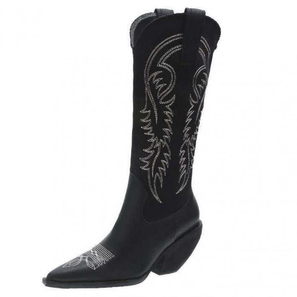 

boots brand embroidered western cowboy women's square mid-heel pointed toe knee-high shoes, Black