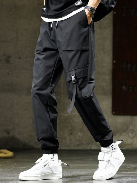 

men buckled utility pocket drawstring waist joggers q4pb#, Black