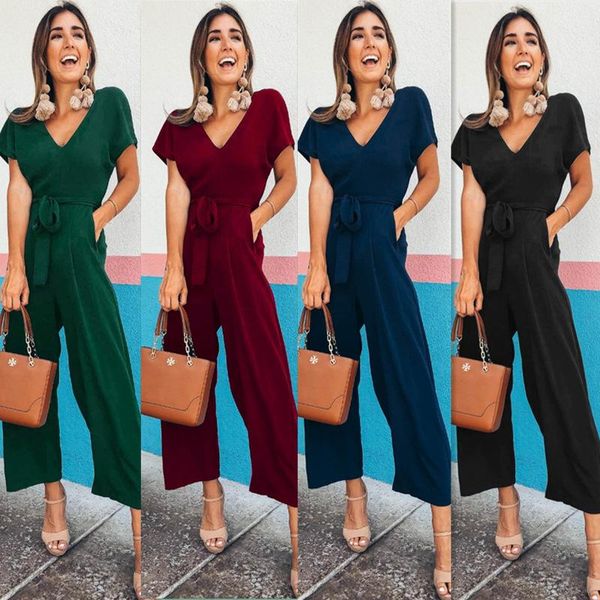 

women's jumpsuits & rompers bodysuit summer loose chiffon short sleeve solid lace up holiday pants fashion 2021, Black;white