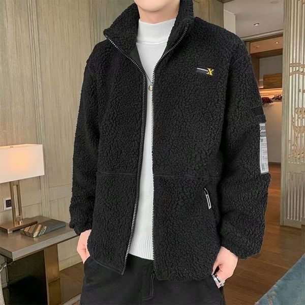 

hoodies & sweatshirts chao brand lamb wool coat men's winter new zipper semi high neck cardigan sweater fashion loose clothes, Black