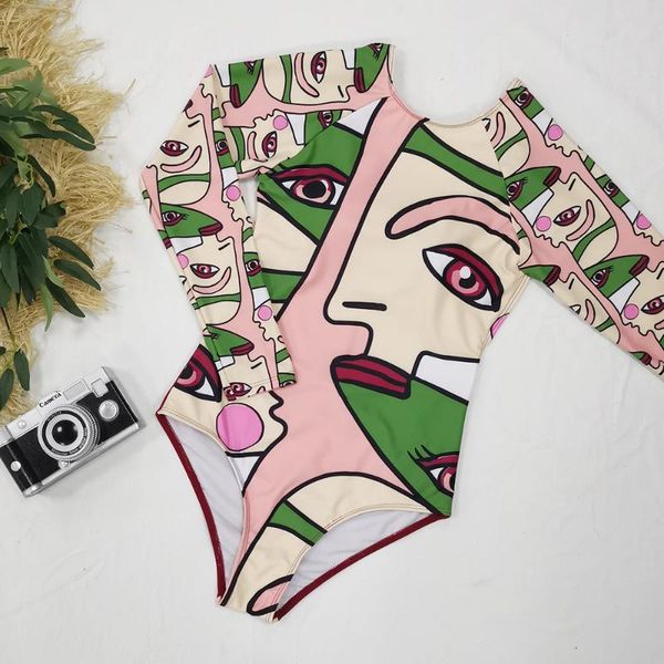 

one piece swimsuit women 2021 plus sizes large size beach fashion korean new long sleeve abstract print surfwear polyester
