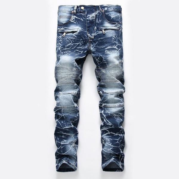 

mens snow designer fashion slim skinny moto biker casual jeans straight motorcycle men destroyed denim trousers men's, Blue
