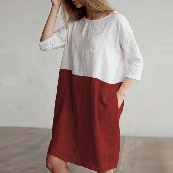 

casual dresses fashion women summer two-color stitching vintage clothes dress cotton short sleeve linen retro clothing plus size, Black;gray