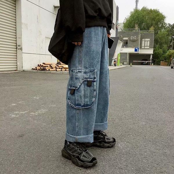 

men's jeans fashion 2021 harem pants loose straight-leg overalls casual all-match student wide-leg multi pocket, Blue