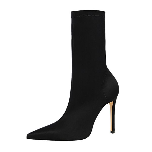 

size34-43 women elegant high heel sock boots lycra shoes solid classic mid-calf booties beige black green footwear y25