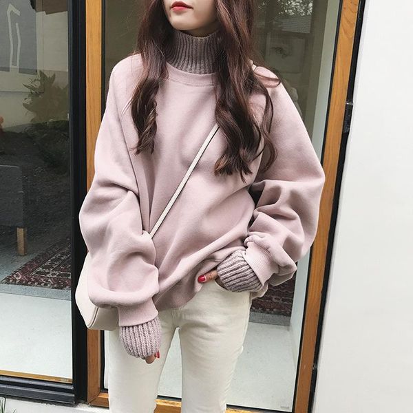 

women's sweaters plush thick fake two women spring autumn loose women's sweater turtleneck long sleeve knitted pullover female1, White;black