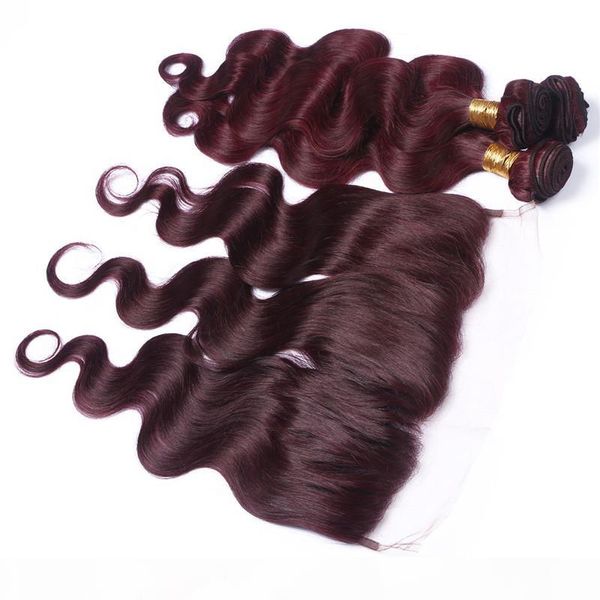 

body wave #99j wine red 3bundles peruvian hair with lace frontal 4pcs lot burgundy full frontal 13x4 lace closure with virgin hair weaves, Black