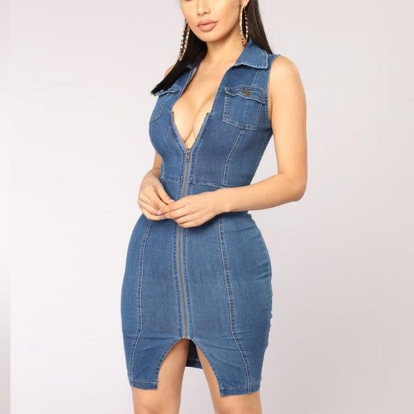 

casual dresses denim dress women elegant sleeveless jeans front zipper turn-down collar pockets split bodycon mini mt2847, Black;gray