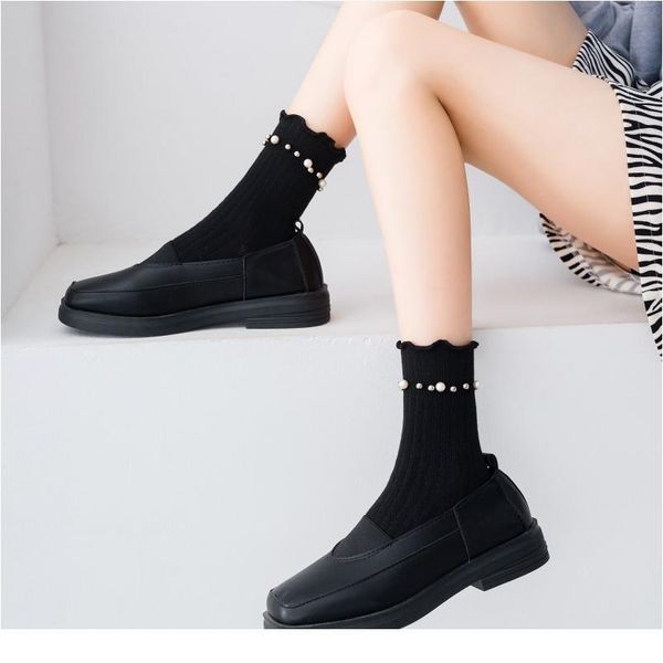 

women socks solid color autumn pearl ruffle socks female lolita kawaii harajuku cute sock woman socks cotton fun jllnye, Black