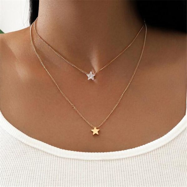 

pendant necklaces fashion double layer star crystal necklace european american charm female gold clavicle chain ladies jewelry, Silver