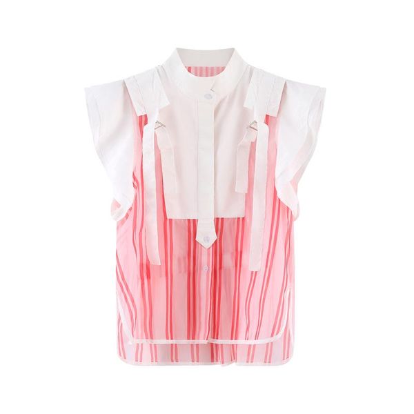 

women's blouses & shirts 2021 summer ruffled sleeveless striped patchwork waist-slimming lace-up chiffon shirt korean-style stand colla, White