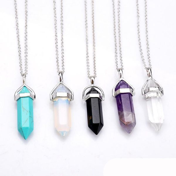 

real amethyst natural crystal quartz healing point chakra bead gemstone opal stone pendant chain necklaces jewelry, Silver