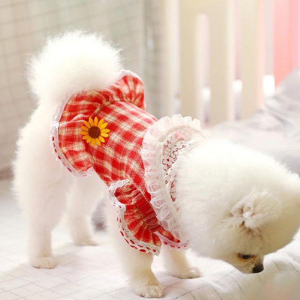 

pet teddy dog dresses lace lapel red plaid skirt summer dog clothes for small party cat skirt chihuahua puppy pet costume