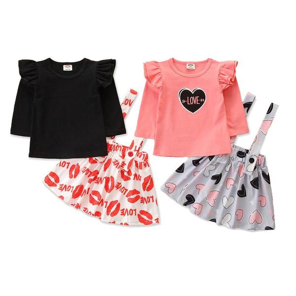 

baby girl first valentine day clothes sets toddler kids baby girl letter love lip print suspender skirt outfits set 2021, White