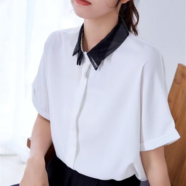 

women's blouses & shirts 2021 summer women shirt chiffon solid office lady business female blouse short sleeve fashion casual flesh gir, White