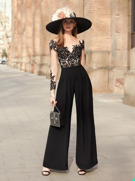 Elegante Preto Jumpsuit Noite Vestidos Lace Appliques Mangas Longa Vestido de Prometo Feito Formal Partido Comprimento do Piso Vestido de Novia