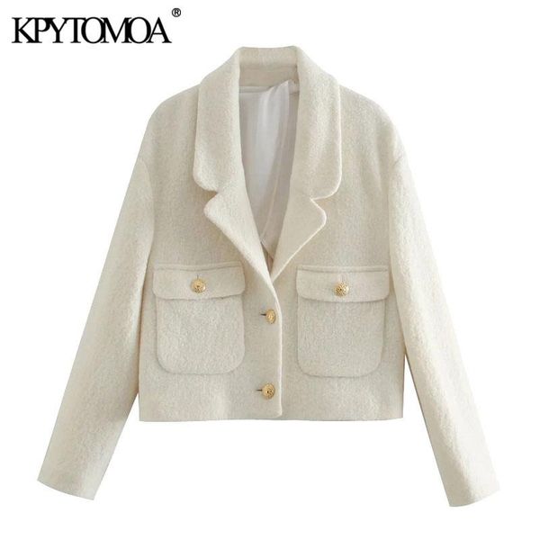 

kpytomoa women 2021 fashion with pockets tweed cropped blazer coat vintage long sleeve metal buttons female outerwear chic, White;black